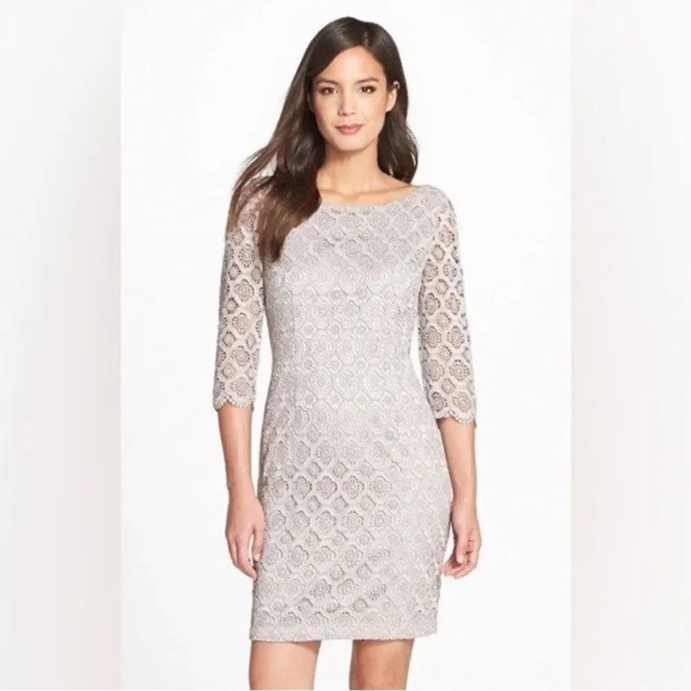 Vince Camuto V-Back Metallic Lace Sheath Dress